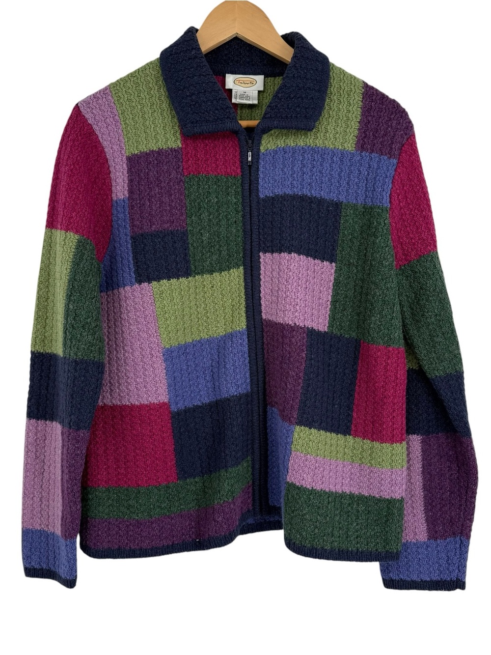 Vintage Talbots Sweater Jacket Womens Size M Wool Patchwork Full Zip Granny